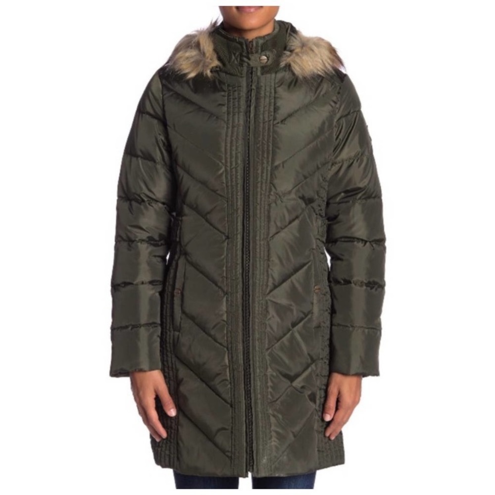 Larry Levine down filled olive green coat faux fur trim hood Medium long line